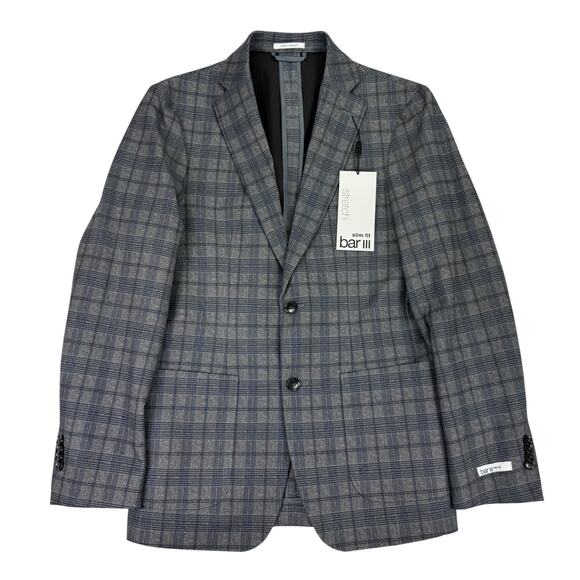 Bar III Mens Slim Fit Knit Plaid Stretch Sport Coat Gray Navy Blue 36R - Picture 1 of 5